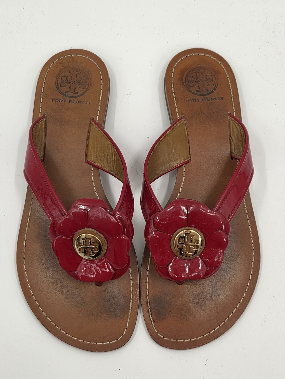Tory Burch Red Patent Leather Flower Thong Sandals